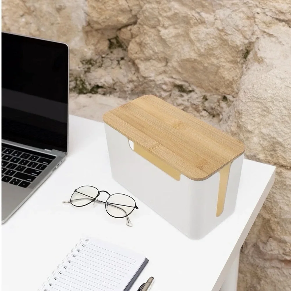 Cable Management Box Cord Organizer w/ Bamboo Lid White 12.18 x 5.58 x 5.11